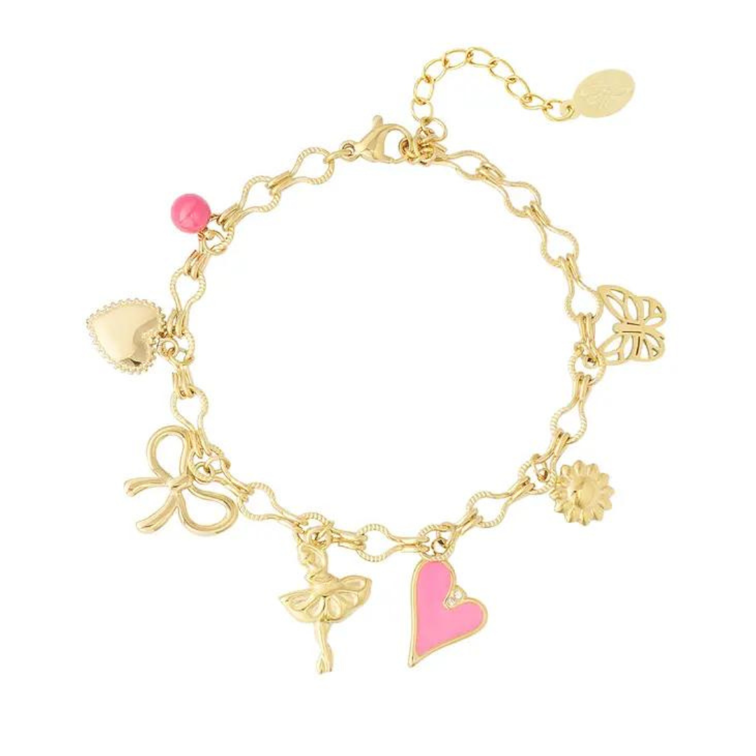 Bedelarmband met roze bedels en goud